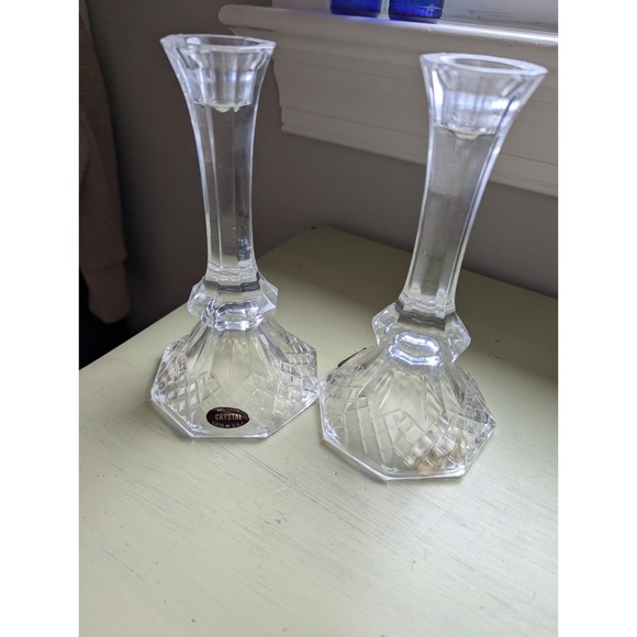 Other - Vintage Crystal Cut Glass Candle Stick Holders 8"‎ Tapered Set of 2